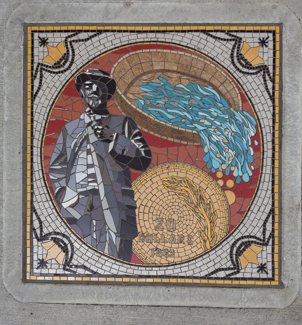 Columbia Street Mosaics — Gold Rush by Bruce Walther, Liz Calvin in New Westminster, photographed May 25, 2026